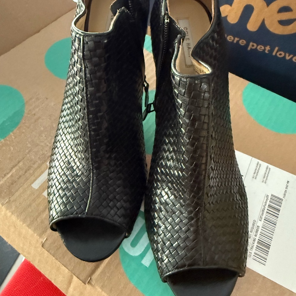 Cole Haan Black Heeled Boots with Woven Texture